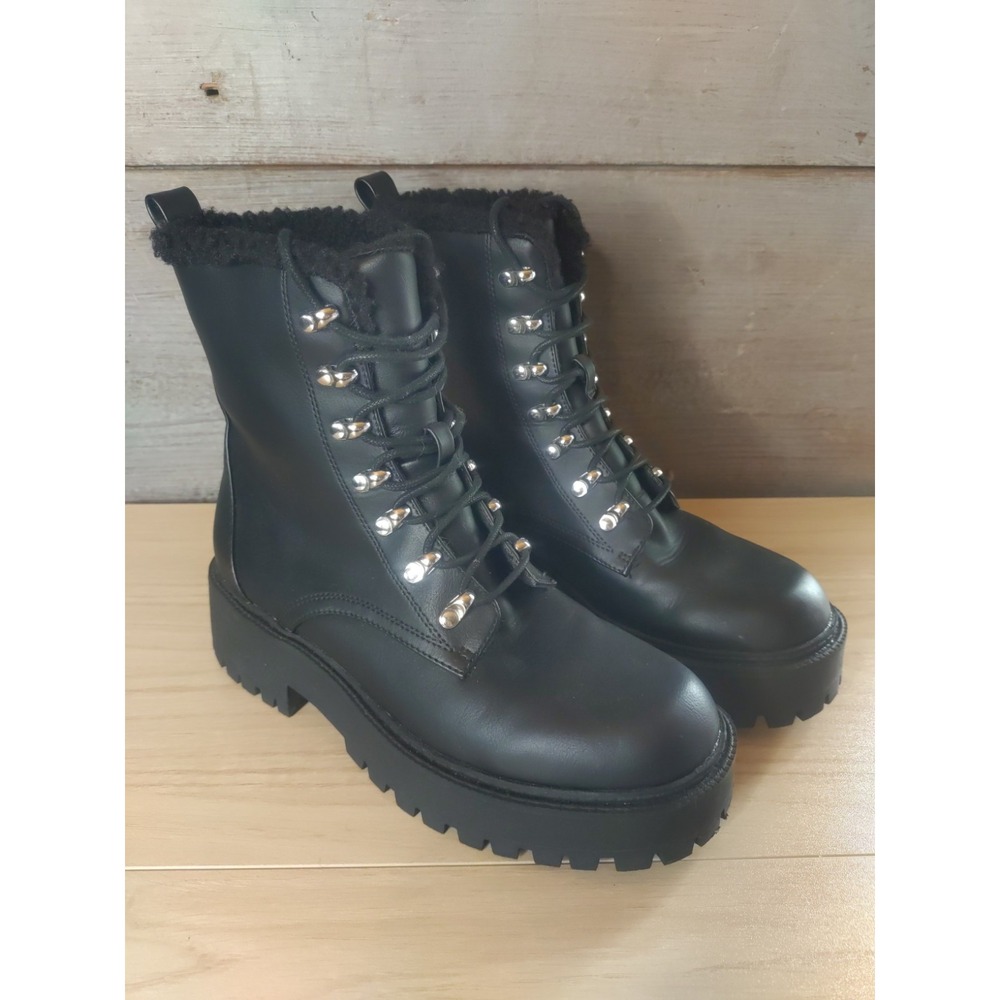 Forever 21 Women Black Chunky Goth High Ankle Buckle Lace Up Boots Size 8
